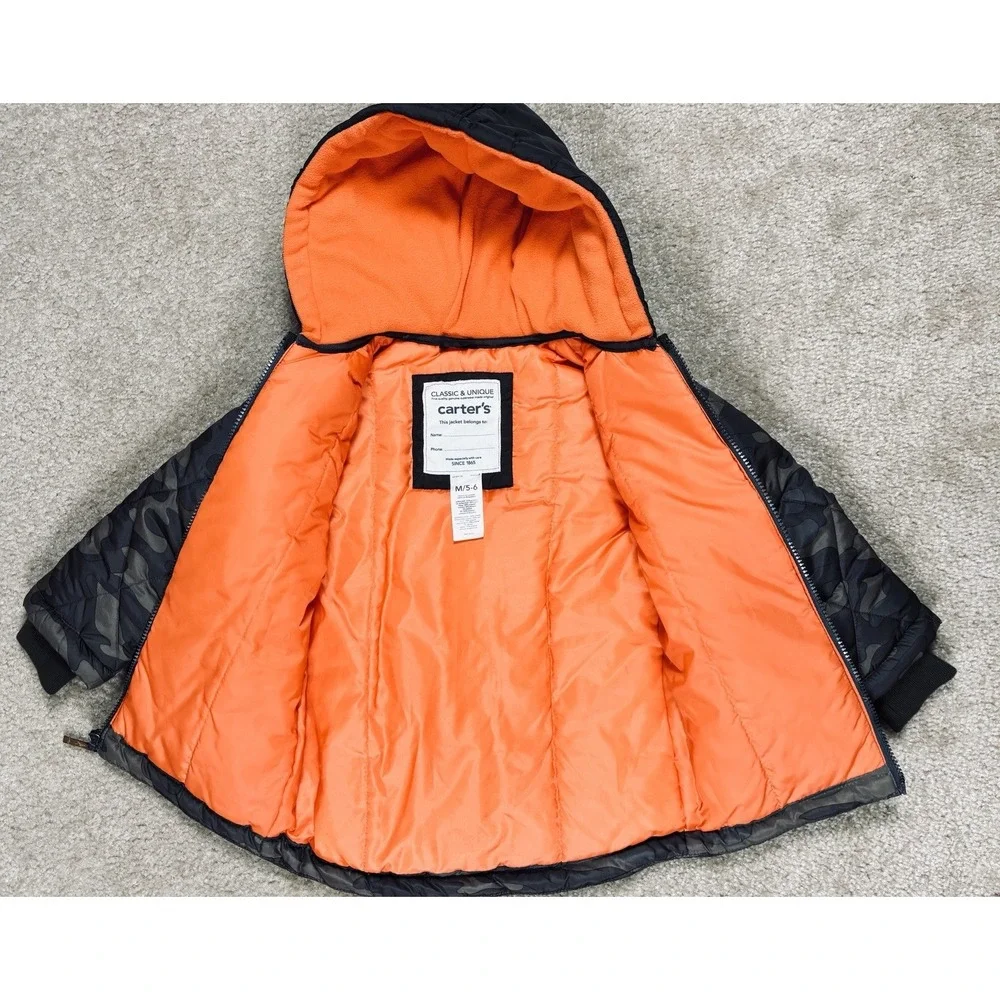 Carters Toddler Boys Camo Puffer Jacket Orange Lined Hooded Coat Green M 5/6 NWT